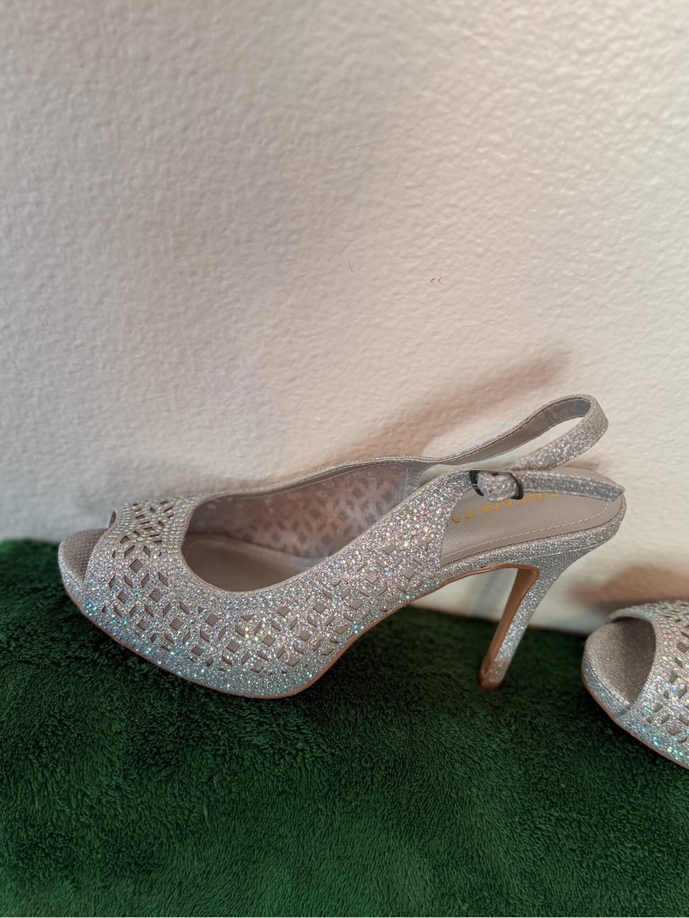 Sparkling Silver Slingback Peep-Toe Heels
